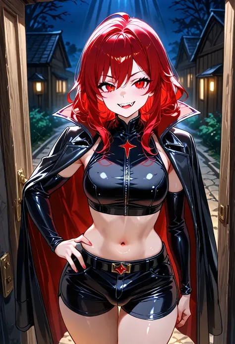 Ultra-detailed, (portrait), hyper detailed, absurdres, 8k, highest quality, super high quality, one person, (1 futanari), cute, mature,  smile, red hair, fierce eyes, crotch bulge, standing outside front door, black sleeveless crop top, red eyes, vampire, ...