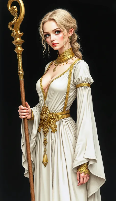 best quality, extremely detailed, watercolor drawing:1.5, masterpiece, (detailed hands), priestess girl with staff, random haircut, random colo hair, emotionless face:1.2, priestess white robe with long sleeves and gold trim, pelvic curtain, huge breasts, ...