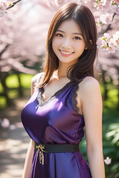 (8k, RAW photo, photorealistic, HQ, masterpiece), a cute Japanese woman, (glowing eyes), 
(shy smile), brown hair, (Violet color dress, sleeveless long dress, elegant lace silk fabric dress:1.2), large breasts, (in A vast forest filled with blooming cherry...