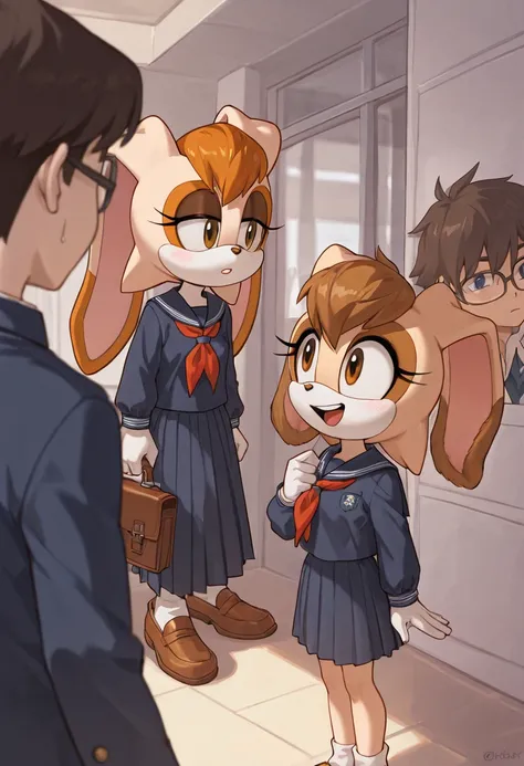 Vanilla The Rabbit, two anime looking characters, one is in school clothes and the other has the same clothes as the other, 2girls, multiple girls, 1boy, glasses, school uniform, skirt, serafuku, short hair, brown hair