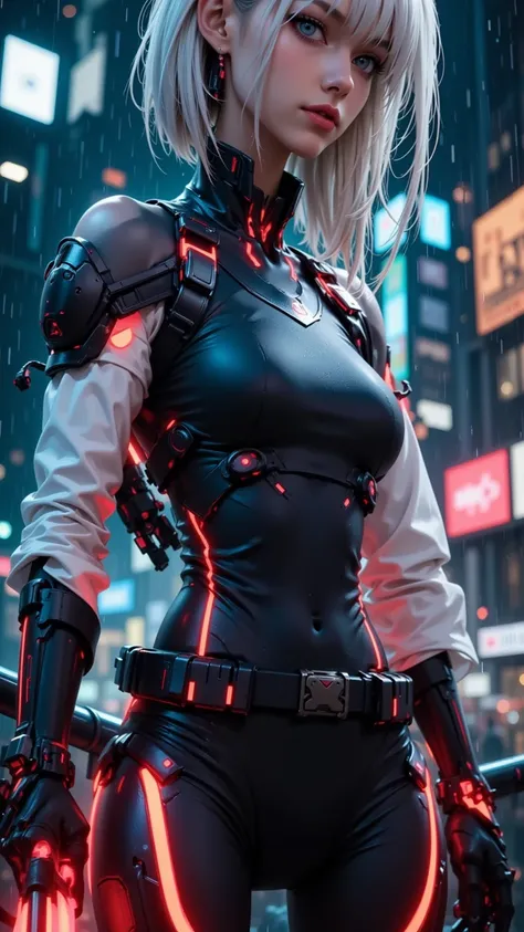  in a futuristic scene ， shows an electronic woman wearing shiny black armor and with glowing red highlights， in the style of cksc and ck-ncr 。 She stands on the city skyline ，Illuminated by neon ， holding a plasma sword 。 lightly raining in the background...