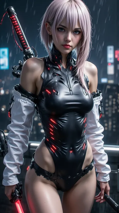  in a futuristic scene ， shows an electronic woman wearing shiny black armor and with glowing red highlights， in the style of cksc and ck-ncr 。 She stands on the city skyline ，Illuminated by neon ， holding a plasma sword 。 lightly raining in the background...