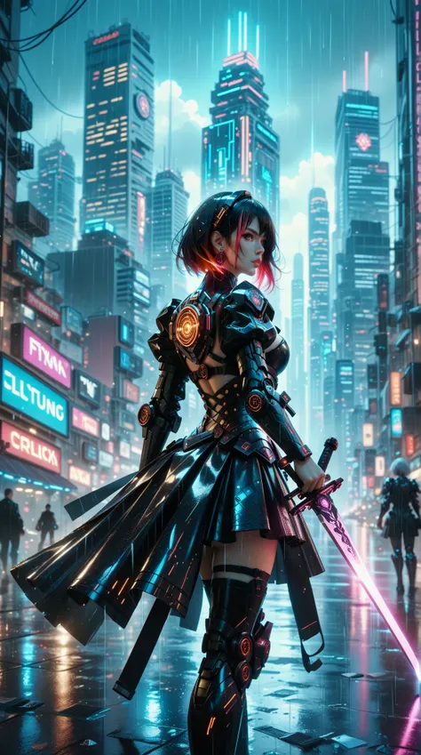  in a futuristic scene ， shows an electronic woman wearing shiny black armor and with glowing red highlights， in the style of cksc and ck-ncr 。 She stands on the city skyline ，Illuminated by neon ， holding a plasma sword 。 lightly raining in the background...