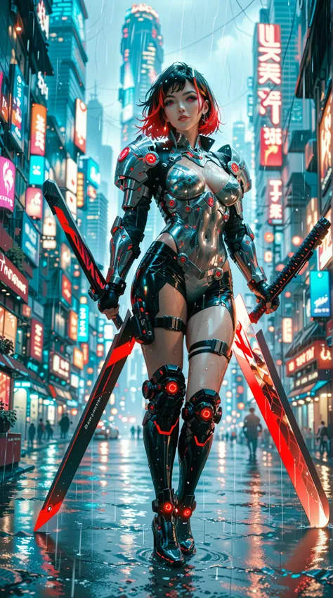  in a futuristic scene ， shows an electronic woman wearing shiny black armor and with glowing red highlights， in the style of cksc and ck-ncr 。 She stands on the city skyline ，Illuminated by neon ， holding a plasma sword 。 lightly raining in the background...