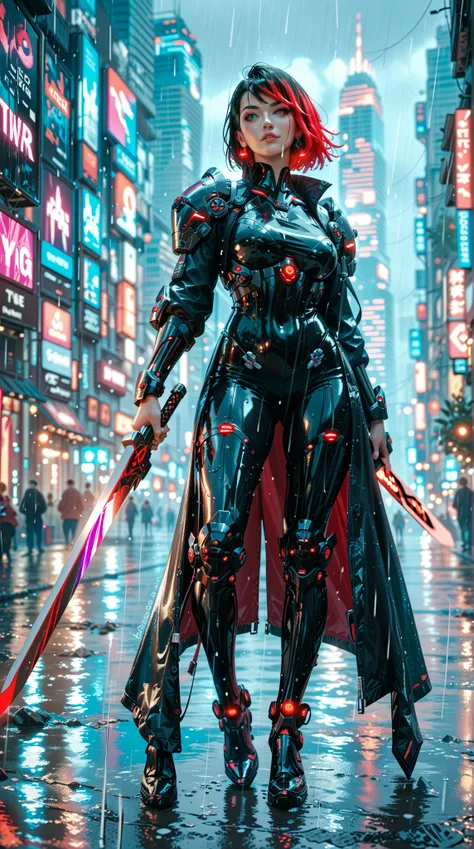  in a futuristic scene ， shows an electronic woman wearing shiny black armor and with glowing red highlights， in the style of cksc and ck-ncr 。 She stands on the city skyline ，Illuminated by neon ， holding a plasma sword 。 lightly raining in the background...