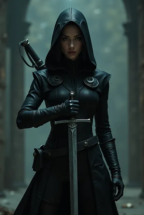 Let him have a hood on his face, but not close his face, let him look like Lucy Lui, let it be clear that he is a woman, a sword in his hand, let him have a knife on his waist.