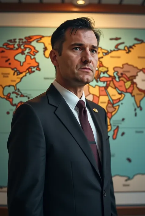 man 40 years old, formal suit, military bearing, short haircut, dark hair, intelligent look, straight nose, thin lips, smirk on face, stands in front of a world map, looking away, high quality, high detail, masterpiece, 8k, bright lighting