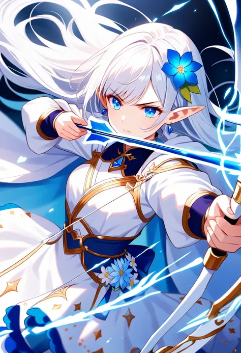 1girl, bow (weapon), pointy ears, weapon, solo, blue eyes, drawing bow, aiming, arrow (projectile), hair ornament, long hair, holding bow (weapon), holding, hair flower, flower, holding weapon, elf, holding arrow, dress, white hair, white dress, outstretch...