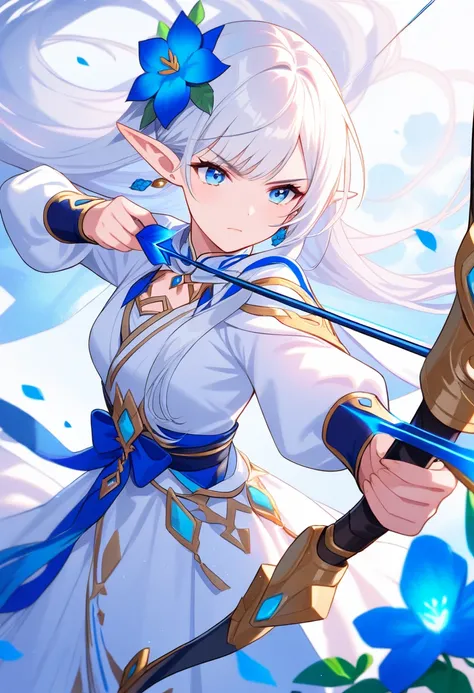 1girl, bow (weapon), pointy ears, weapon, solo, blue eyes, drawing bow, aiming, arrow (projectile), hair ornament, long hair, holding bow (weapon), holding, hair flower, flower, holding weapon, elf, holding arrow, dress, white hair, white dress, outstretch...