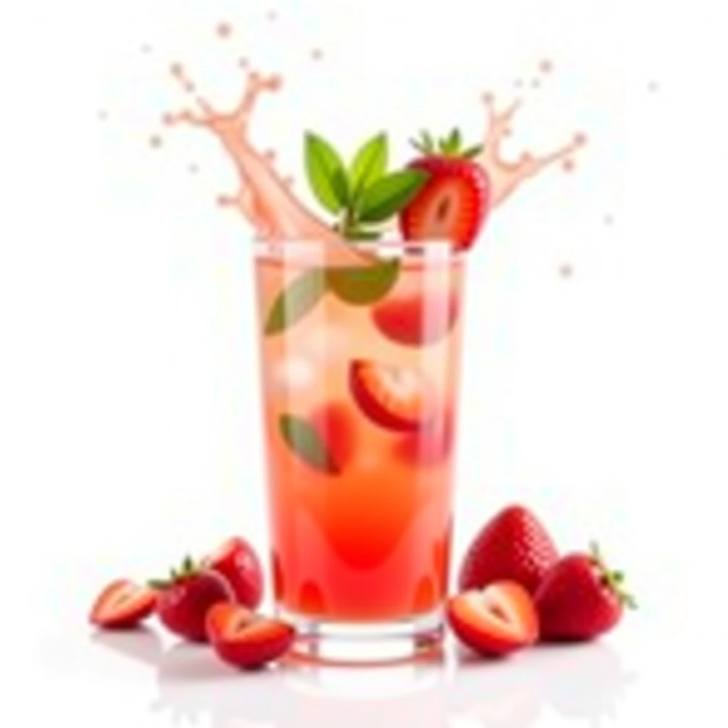 strawberry mojito glass in a white background splashing liquid. strawberry around the glass