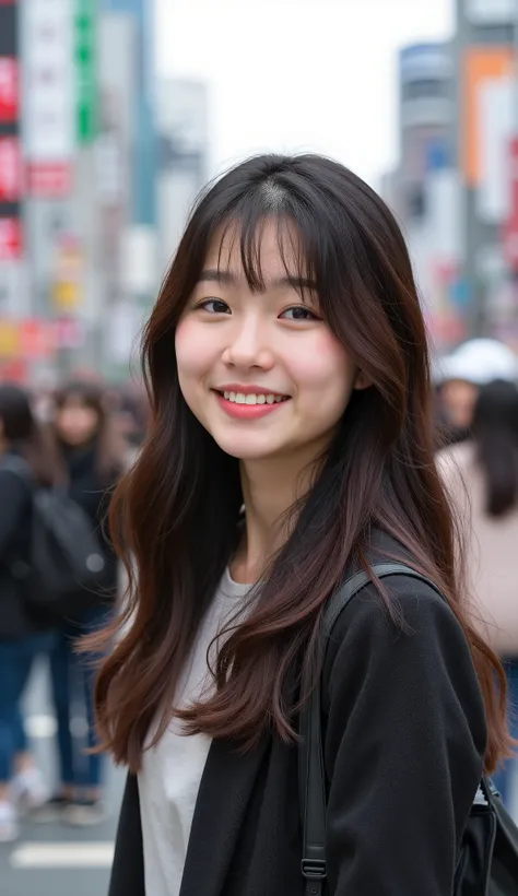 the face of an japaneese student with soft straight bangs and dark brown hair。Her hair is long、 layered .、Soft waves flowing down 、Friendly、 gives an impression of being easy to approach 。 The background is in the streets of Shibuya 。 lots of people passin...