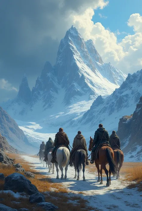 Create a medieval fantasy illustration, showing a group of six people on a dirt road riding horses, observing and going towards there is a vast ice-covered mountain range in the background. The group consists of six people; a female mage warrior with an en...