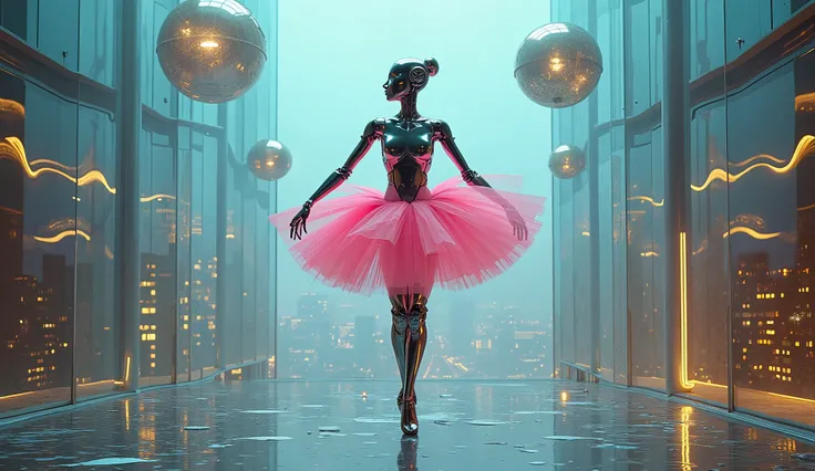 Surreal fashion photograph of a female humanoid robot with a chrome-plated exoskeleton and silk tulle skirt, frozen in a classical arabesque pose, her joints emitting neon-pink holographic dust. The mirrored ballet studio floats atop a crystalline skyscrap...