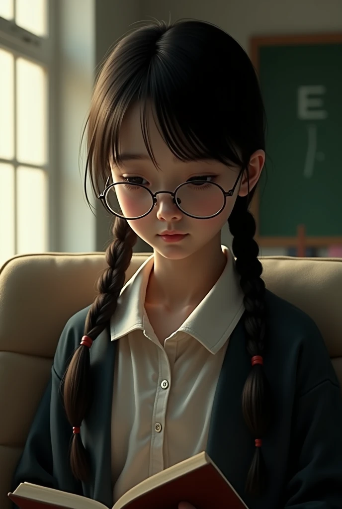 girl with glasses reading a book