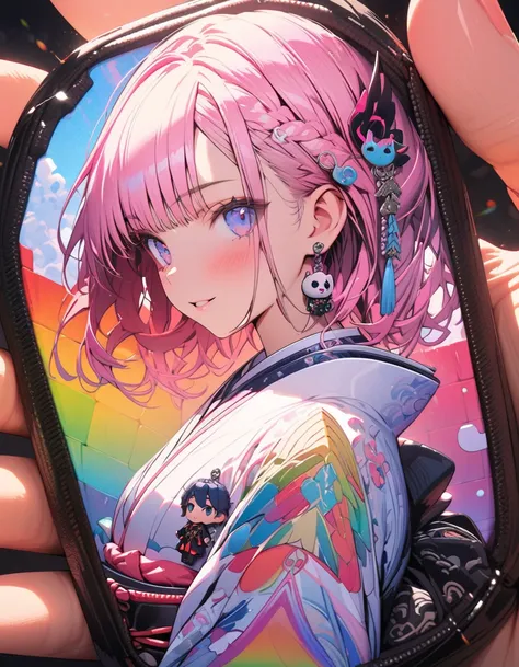 best quality, insanely detailed, exquisite, high quality, detailed, beautiful, ultra detailed, masterpiece, hyper detailed, absurdres, male, damask patterns, character acrylic keychain, hakama, in the style of intricate and bizarre, rainbow gradient