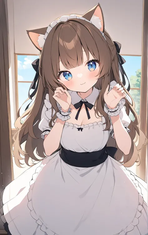 1girl, tall girl, cute, long hair, brown hair, cat ears, maid dress, maid uniform, cute, perfect eyes, owo, happy, standing pose, looking at viewer, beautiful background, living room, thighs