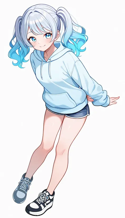 1 girl, 19yo, (smile:1.2), high twintails, wavy hair, gradient hair, silver blue hair, light blue hair, light blue eyes,(white background), no simbol hoodie, short shorts, sneakers,