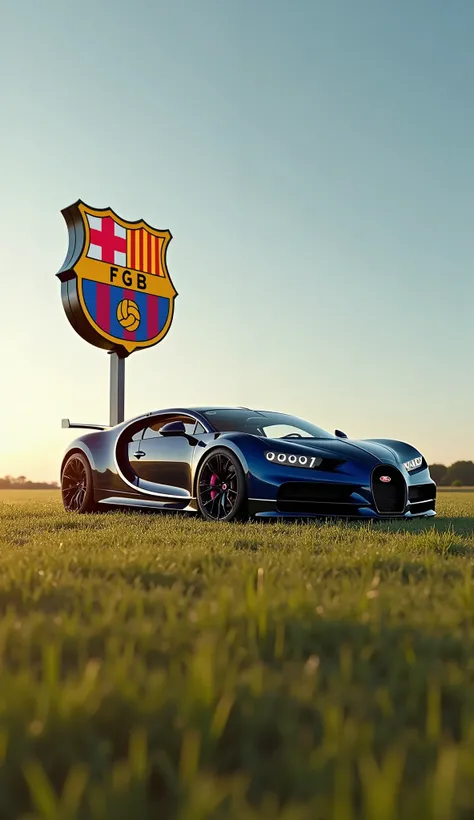 a bugatti and a fc Barcelona  sign standing Side by side on a field