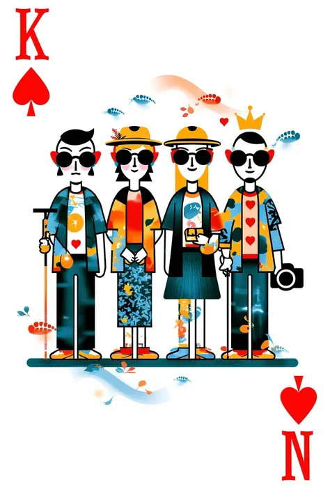 黑色光艺 , Keith Haring (Keith Haring) style, Logo Design。 main graphics, four anthropomorphic playing cards (JQKA ) form “senior travel group” queue , wears sunglasses 、straw hat、 hiking poles and camera , , background fusion card pattern replaced with lands...