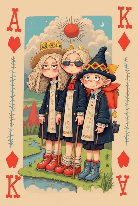 Logo Design。 main graphics, four anthropomorphic playing cards （JQKA ） form “senior travel group” queue ，Grandpa，Granny，dad，Mother， wears sunglasses 、straw hat、 hiking poles and camera ，
   , background fusion card pattern replaced with landscape stick fig...
