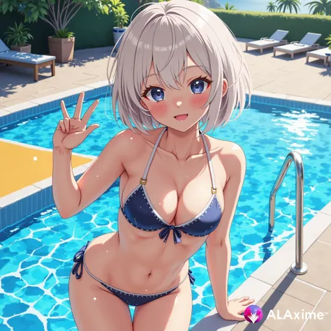 Anime, a happy cheerful, gorgeous and beautiful young bob white haired woman in a blue bikini standing and posing at swimming pool on a sunny day.