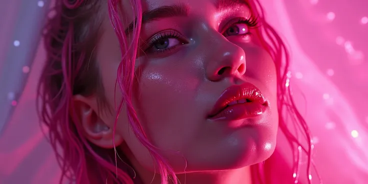 Scene:
Beautiful girl with hot pink hair ,  with wet hair facing the camera .  Her head is thrown back ,  with her eyes pointing up ,  as if she meets water drops ,  falling on her from above .

Angle:
 The camera is above her , shooting ,  character that ...