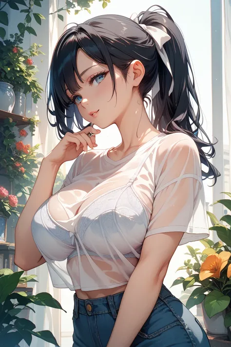   beautiful girl　   black hair　  ponytail　 white ribbon scrunchies　  white t-shirt　Bras that are see-through from clothes　 very big breasts　Big Breasts