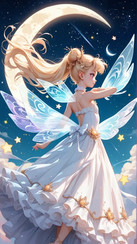 8k⒉5D Japanese Comic Pretty  loli style. Two loli fairies ､Create an ethereal scene featuring two large-winged figures in flowing white dresses, floating against a starry sky. One figure gently embraces the other, offering protection. A glowing crescent mo...