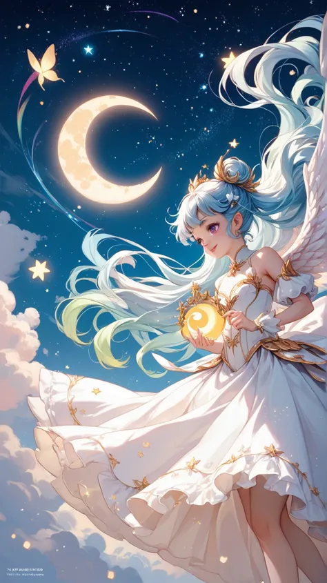 8k⒉5D Japanese Comic Pretty  loli style. Two loli fairies ､Create an ethereal scene featuring two large-winged figures in flowing white dresses, floating against a starry sky. One figure gently embraces the other, offering protection. A glowing crescent mo...