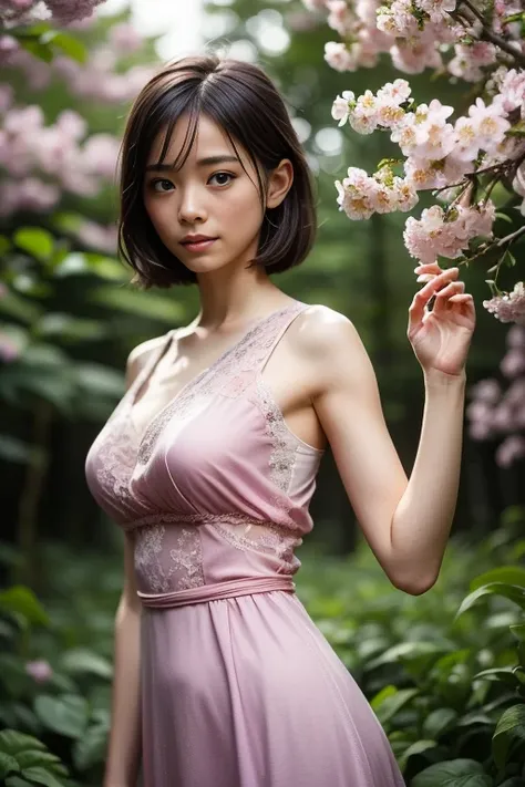 (8k, RAW photo, photorealistic, HQ, masterpiece), a cute Japanese woman, (glowing eyes), (from below:1.1), 
(shy smile), brown hair, (Violet color dress, sleeveless long dress, elegant lace silk fabric dress:1.2), large breasts, (in A vast forest filled wi...