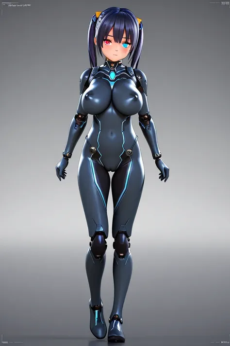 anime style, 1girl, loli, big breasts, heterochromia, bodysuit, battlesuit, cyborg, robot joints, 3d, nsfw, high resolution, high quality, hd