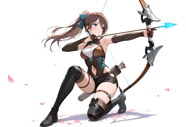 1girl, arrow (projectile), bow (weapon), weapon, solo, drawing bow, holding, holding bow (weapon), navel, thigh boots, ponytail, boots, holding weapon, long hair, quiver, armpits, holding arrow, breasts, thighhighs, detached sleeves, brown hair, clothing c...