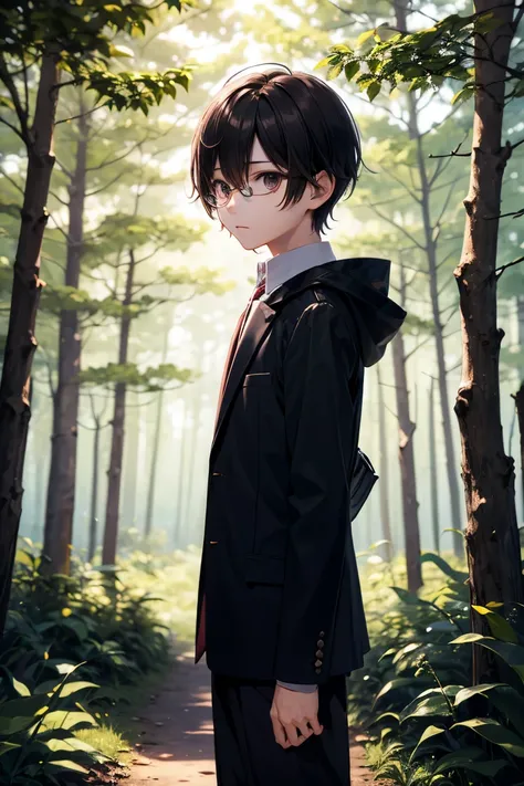 Shota, A slender man,  dark hair,  bushy hair , Standing in the woods,  1 boy