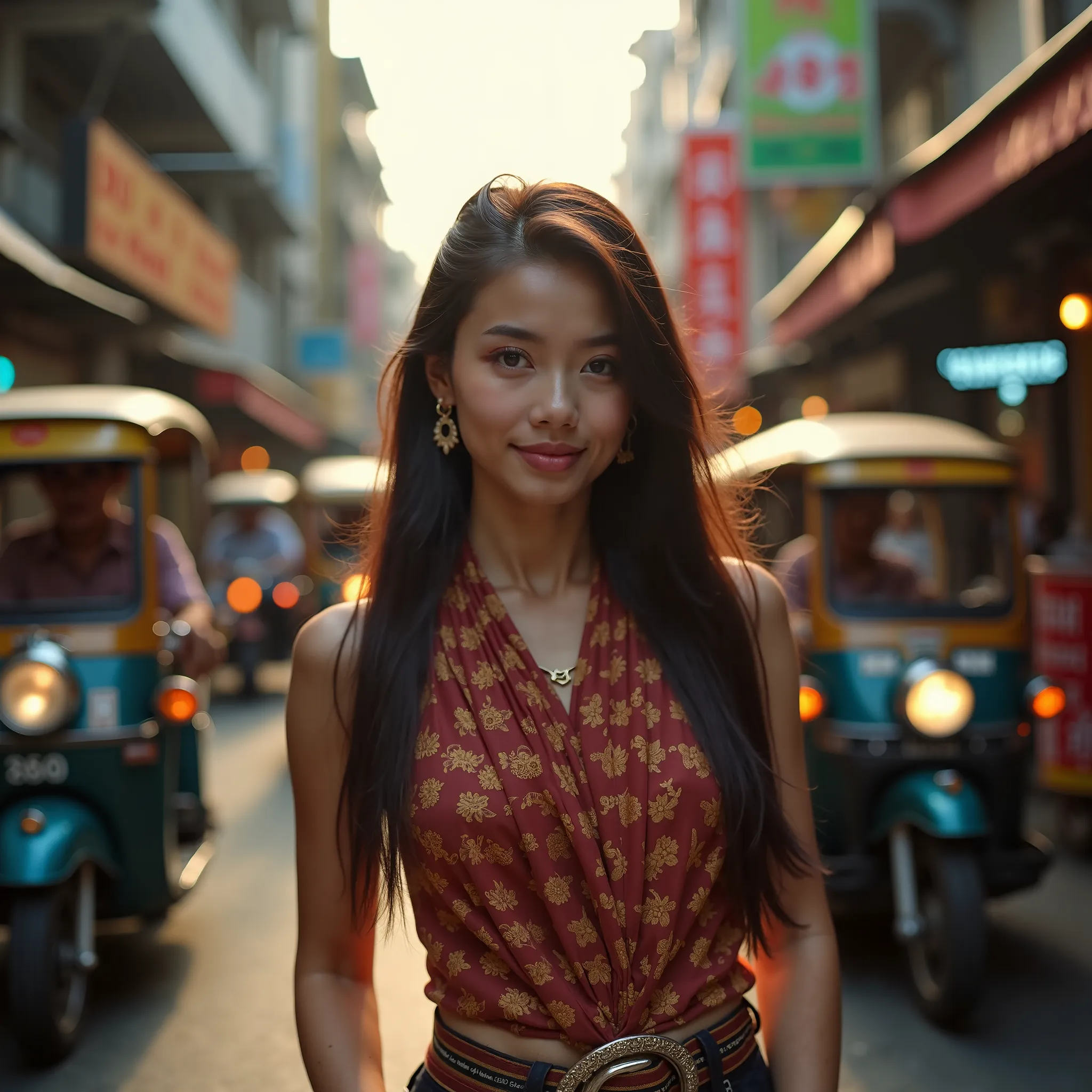 A Thai girl with long black hair and warm brown eyes, wearing a stylish casual outfit with a traditional Thai silk scarf, vibrant Bangkok street filled with tuk-tuks, street food vendors, and colorful signs, golden hour lighting casting a soft glow over th...