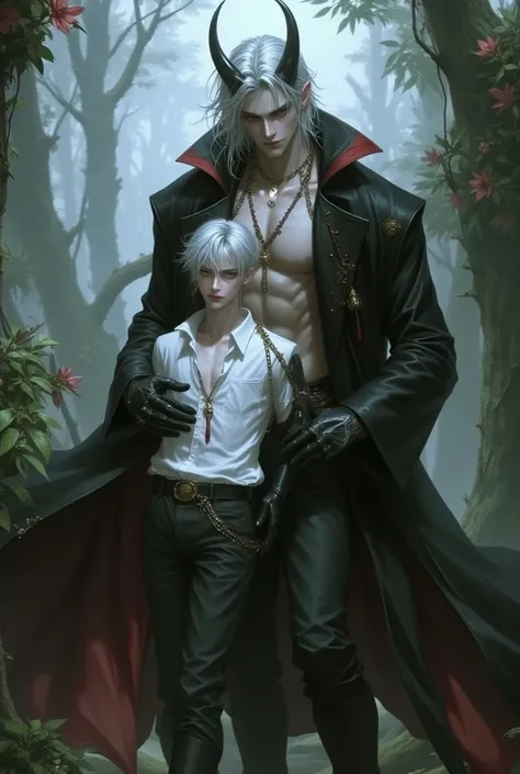 Imagine a majestic so buff handsome humanoid demon with long silver hair and had a color red in the hair tips a gold horn and intricate black and red silk clothing standing in a misty forest and holding in a princess style is a petite 20 years old boy with...