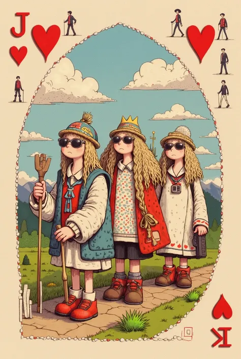 Logo Design。 main graphics, four anthropomorphic playing cards （JQKA ） form “senior travel group” queue ， wears sunglasses 、straw hat、 hiking poles and camera ，
   , background fusion card pattern replaced with landscape stick figures， red peach symbols ch...