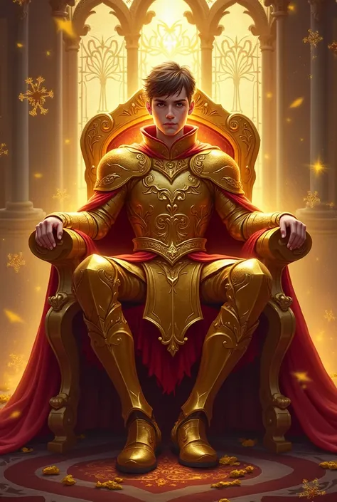 Arcane Hearthstone-style character design illustration featuring a young, rebellious king seated upon a shining golden throne. His posture exudes supreme confidence, similar to Viego’s imposing presence. His body language makes him seem like he owns the wo...