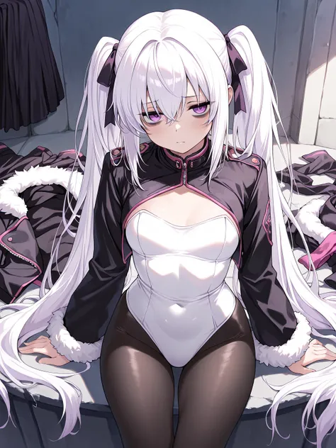 1girl, white hair, very long hair, twintails, purple eyes, bags under eyes, unworn clothes, frills, hair ribbon, pink cropped jacket, fur-trimmed jacket, fur-trimmed sleeves, white leotard, black pantyhose,, (masterpiece, best quality, extremely detailed),...