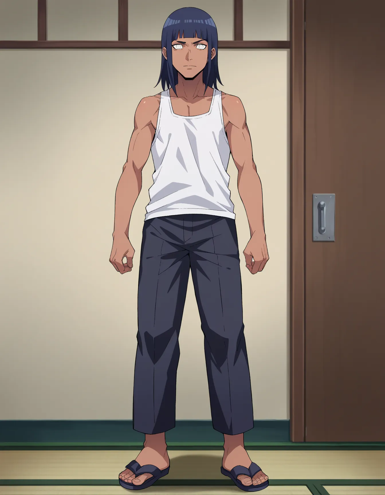 score_9, score_8_up, score_7_up, source_anime,
fourthraikage, fourth raikage, male focus, dark skin, facial hair, dark-skinned male, white eyes,
sandals, pants, black pants,
indoors,
looking at viewer, upper body,standing,Hinata hyuuga eyes,dark blue hair,...