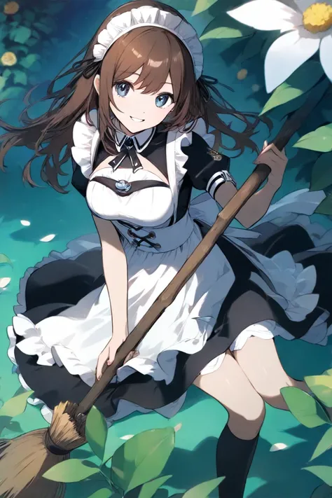 Holding a broom　Clean the garden　 looking at camera　 long brown hair　 white maid clothes 　 flower headdress with death spots 　Black knee socks　 medium breasts　smile　