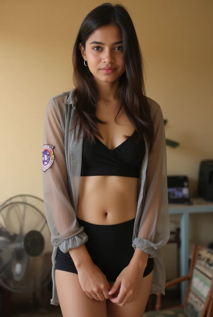 A full lenght shot of a lovely indian sister standing in front of a fan in her living room. She is an excellent student. She looks disheveled and tired. ultra-high definition, realistic photography. Fair skins, perfectly shape face looking likea hot model....