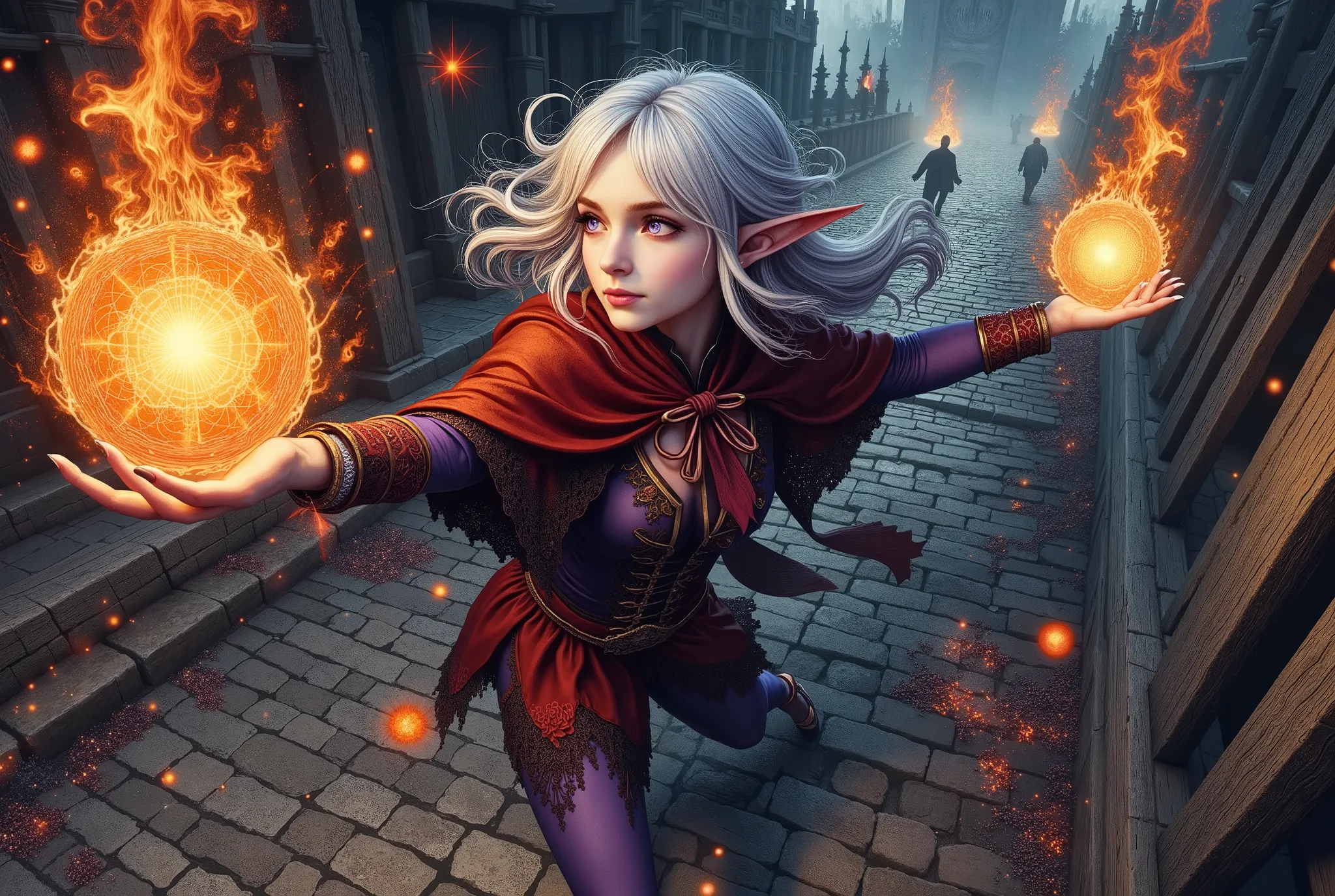 (Ultra-detailed face, Looking away, Gothic Illustration, Dark tone colors. She has five fingers on her hands and five toes on her feet.), BREAK 
(Composition looking down on the ground from above, a medieval European urban battlefield, the city on fire wit...