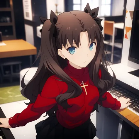 rin, blue eyes, brown hair, long hair, two side up, parted bangs, black ribbon, hair ribbon, red sweater, turtleneck, long sleeves, cross print, black skirt, pleated skirt, miniskirt, black thighhighs, glossy skin, glistening skin, looking at viewer, Tempt...