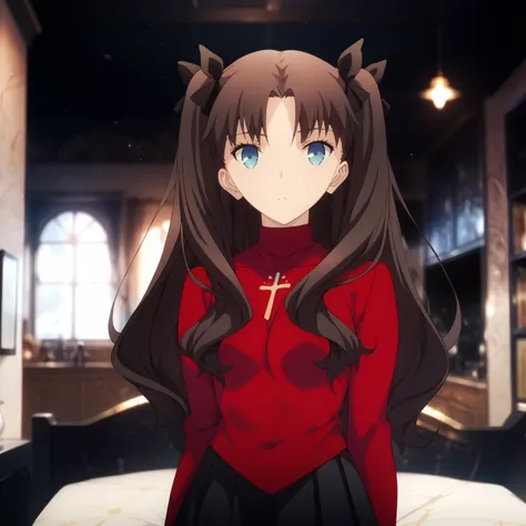 rin, blue eyes, brown hair, long hair, two side up, parted bangs, black ribbon, hair ribbon, red sweater, turtleneck, long sleeves, cross print, black skirt, pleated skirt, miniskirt, black thighhighs, glossy skin, glistening skin, looking at viewer, Tempt...