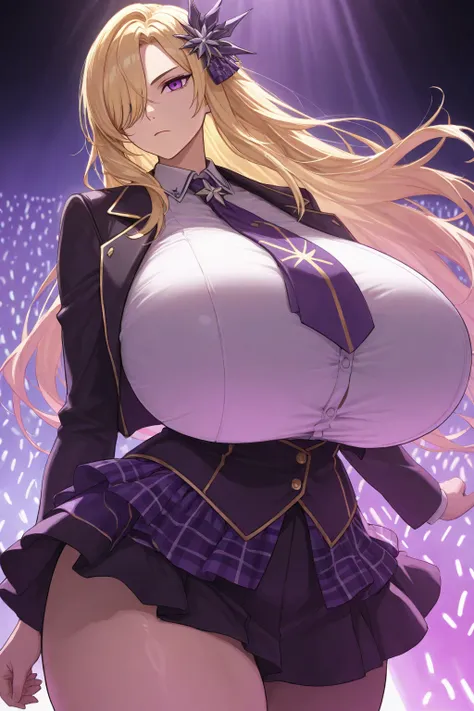 high resolutionx, high quality, 1 girl, solo, cute, kawaii, tall female, gigantic breasts, gigantic breasts, gigantic breasts, curvy, wide hips, thick thighs, blonde hair, long hair, purple eyes, hair over one eye, idol, hair ornament, skirt, straight face...