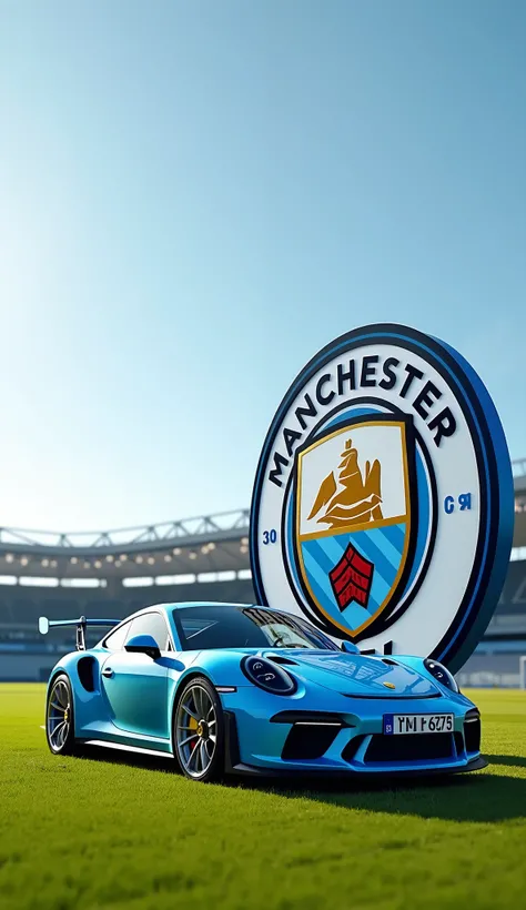 a Porsche  and a Man City sign standing Side by side on a field