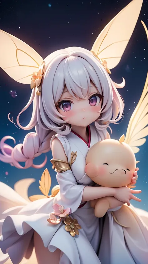 8k⒉5D Japanese Comic Pretty  loli style. Two loli fairies ､Create an ethereal scene featuring two large-winged figures in flowing white dresses, floating against a starry sky. One figure gently embraces the other, offering protection. A glowing crescent mo...