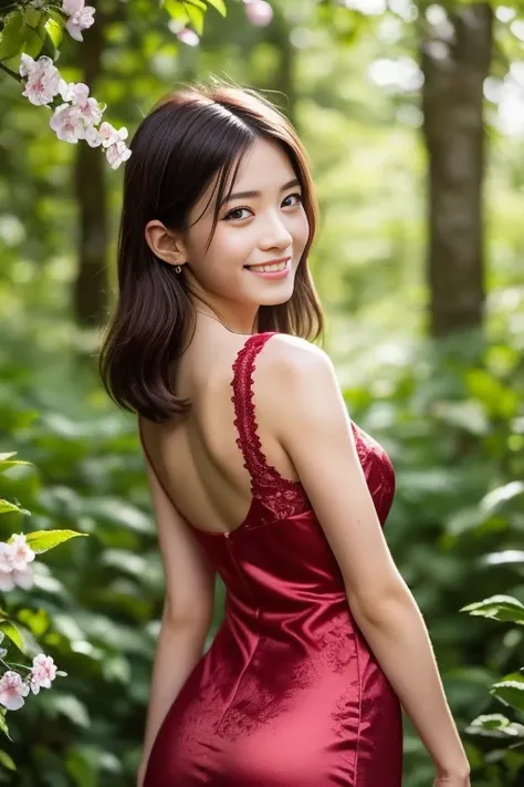 (8k, RAW photo, photorealistic, HQ, masterpiece), a cute Japanese woman, (glowing eyes), (from below:1.1), 
(shy smile), brown hair, (Violet color dress, sleeveless long dress, elegant lace silk fabric dress:1.2), large breasts, (in A vast forest filled wi...