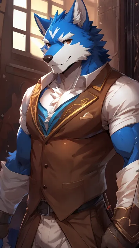 embedding:blue wolf，male, Brown eyes, Single Person,blue fur.The chest and abdomen are white fur.A film actor，Abdominal muscle,Brown vest,Cloth coat,Hold the sword,Adult male,Handsome,Confident,Adulthood,Tall,Best quality hands, best quality eye，detailed f...