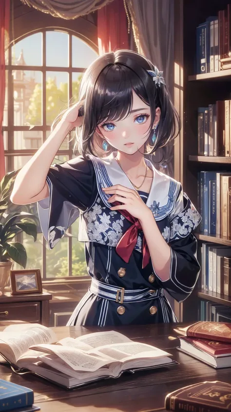 ( masterpiece), ( top quality), (( very well detailed)), ( Very Delicate), ( young girl),****************,  Ash with short hair .  Soft ,  shiny hair.  Clear, somehow sad eyes , Long bangs covering the eyes.  wearing glasses to avoid glances ., Pretty sail...